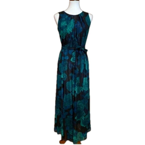 ALEXA B NITES Blue & Green Rose & Leaf Motif Gown Woven Metallic Silver Size 4 - Picture 1 of 9